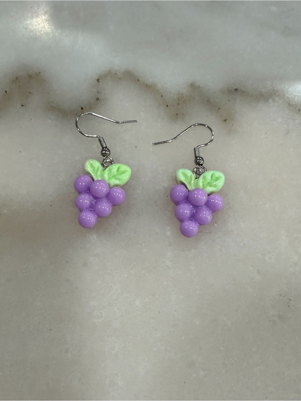 Purple Grape Charm Dangle Earrings with Green Leaves Handmade Novelt